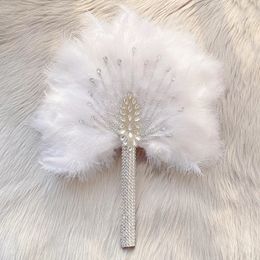 Other Event Party Supplies Rhinestones African Turkey Feather Hand Fan Feathers Handfan For Bride Dance Wedding Decoration Customised Handmade Bridal Fan 231118