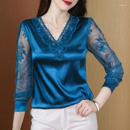 Women's Blouses Spring Autumn Satin Women Blouse Elegant Lace Stitching Tops Sexy V Neck See Through Mesh Long Sleeve Embroidery Slim Shirt