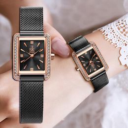 Wristwatches Fashion Women Watches Luxury Rhinestone Minimalism Elegant Lady Wristwatch Mesh Steel Strap Black Stylish Casual Dress ClockWri