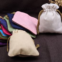 Small Linen Cloth Jewellery Pouches Wholesale Solid Colour Drawstring Bags 10pcs/lot