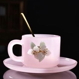 Premium Flower Tea Cup Glass Master Cup Women's Personal Tea Cup Simple Coffee Cup Plate Pink Green White