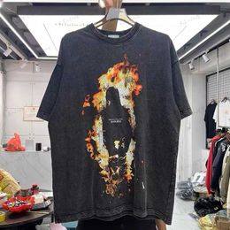 Men's T-Shirts Flame printed retro wash short sleeve t-shirt T230419