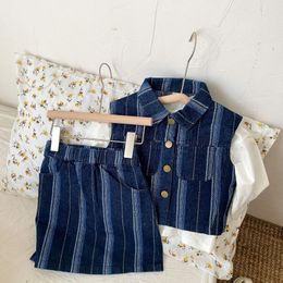 Clothing Sets 2023 Spring Children Denim Single Breasted Turn-Down Collar Striped Vest Skirts 2pcs Korean Chic All-Matched Kids Suit