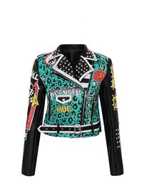 Women's Pu Leather Jackets Graffiti Floral Letter Crown Print Punk Motorcycle Biker Zip Rivet Waist Woman's Coats Contrast Color Outerwear 8815