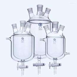 Laboratory Four-mouth Borosilica Glass Jacketed Reaction Bottle With PTFE Emptying Valve Double-decker Flask