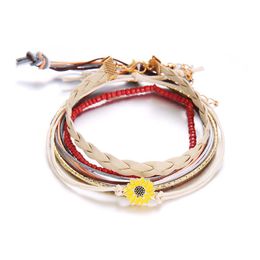 Charm Bracelets 5Pcs Layered Set Stackable Wrap Bohemian Daisy Leather Cord Bracelet Adjustable Bead Female Girl Drop Delivery Jewelr Dhd6T