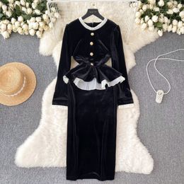 Basic Casual Dresses Elegant O Neck Long Sleeve Ruffle Velvet Dress Chic Elegant Vestidos Autumn Women Fashion Ceremonial Dress 2024