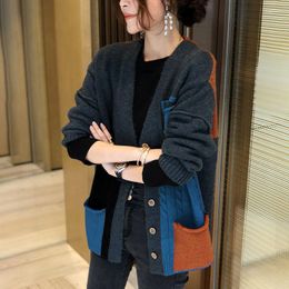 Women's Knits 20233 Autumn Winter Women Splicing Sweater Jacket Female Loose Lazy Korean Knitted Cardigan Coat European Station Tide