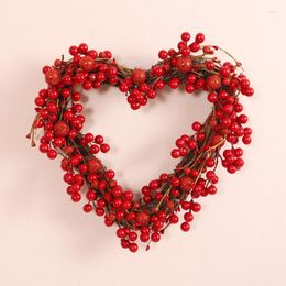 Decorative Flowers 35cm Heart Shaped Red Berry Wreath Artificial Led Hanging Garland Ornament Home Door Decoration Romantic Valentine's