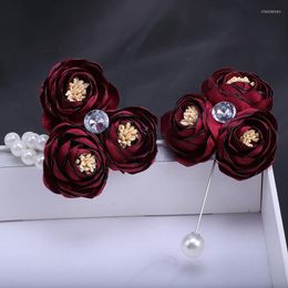 Decorative Flowers Bride And Bridesmaid Wrist Flower Rhinestone Pearl Wine Red Men's Corsage Business Party Wedding Supplies XH053