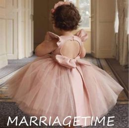 Girl Dresses Puffy Cute Flower Knee Length Tulle Satin Bow Child Cap Sleeves Backless Infant First Birthday Dress