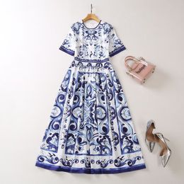 2023 Summer Blue Blue and White Porcelain Print Dress Short Sleeve Round Neck Panelled Midi Casual Dresses A3A101459