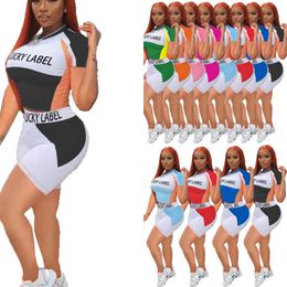 Womens Designer Clothing Casual Tracksuit 2023 Summer Female Letter Color Block Printed Short Sleeve Shorts Sports Suit