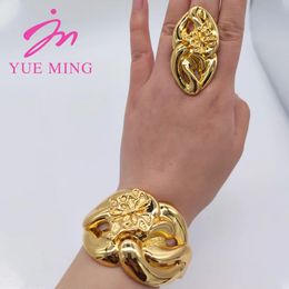 Wedding Jewelry Sets 18K Gold Color Cuff Flower Bangle Ring For Women Moroccan France Dubai Luxury Copper Bracelet Nigerian Party Gif 231118