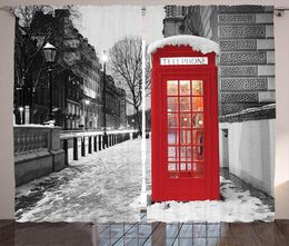 Curtain London Red Telephone Booth Winter Dawn Snowy City England Britain Symbol Urban Scene Bedroom Living Kids Youth Room