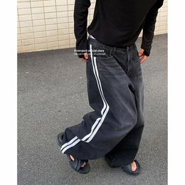 Men's Jeans Firmranch 2023 Black Baggy For Men Women 2 White Stich Mopping Flared Denim Pants Streetwear 230419