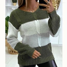 Women's Sweaters Women Patchwork Contrast Colour Knitted Sweater Autumn Winter Loose Long Sleeve V Neck Pullover Yellow Green 2023 Casual