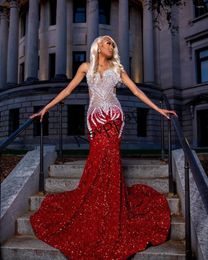 Party Dresses Long Red Prom 2023 Sparkly Sequined Lace Luxury Silver Rhinestones Mermaid Style Black Girls Gowns