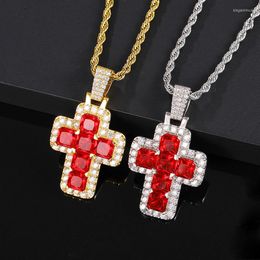 Pendant Necklaces Hip Hop Red Crystal Cross Iced Out Bling Cubic Zircon CZ & Pendants For Men Women Jewellery With Solid Back