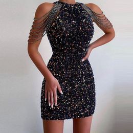 Casual Dresses Spring/summer 2023 Fashion Hanging Neck Sexy Crystal Tassel Hip Sequined Dress Waist Evening