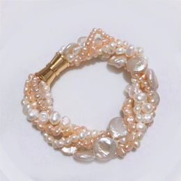 Strand 5 Strands Of Natural Freshwater Irregular 4-6MM Pearl 11-13MM Cion Bracelet Magnet Clasp