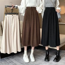Skirts Vintage Corduroy Pleated Skirt Womens Thick Autumn Winter Skirt Korean Fashion High Waist Velvet Midi Long A-Line Skirt Female 230419