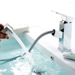 Bathroom Sink Faucets Brass Material Pull Faucet Square Shape Modern Design Basin Water Mixer