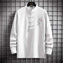 Men's T Shirts Chinese Style Men T-Shirt Embroidery Stand Collar Cotton Hanfu Spring Autumn Tang Suit Long-Sleeve Solid Casual Tops