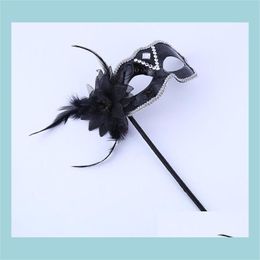 Party Masks Halloween Mask Venice Princess Handheld Side Flower Masquerade Stage Performance Plastic Diamond Black Sier Drop Deliver Dh6E0