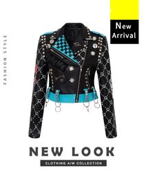 Women's Pu Leather Jackets Graffiti Floral Letter Print Punk Motorcycle Biker Zip Rivet Chain Waist Woman's Coats Contrast Colour Outerwear 8373