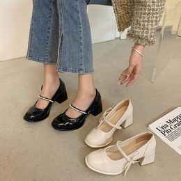 Dress Shoes Beige Mary Jane Women Pumps Square Toe High Heels Spring Autumn Casual Female Lolita Genuine Leather Woman