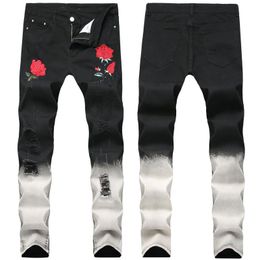 Men's Jeans Rose Embroidery Ripped Fashion Red Flower Tight Elastic Pencil Pants TrousersMen's
