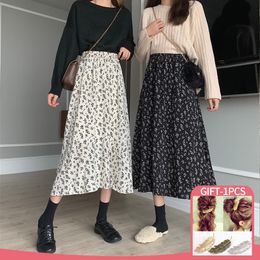 Skirts Arherige Vintage Floral Print A-line Pleated Long Skirts Summer Women Korean Streetwear Drawstring Elastic Waist Midi Skirt 230419
