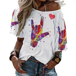 Women's T Shirts I Love You Asl Sign Language Watercolour Ruffle Short Sleeve T-Shirt Women's V Neck Print Shirt Tops