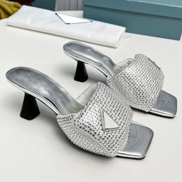 Slippers For Womens Stiletto Heels 3.5cm Sandals Slip On Slides Ladies With Strass Mules Designer Square Toes Dress Shoes Girls Classic Silver Mules Outdoor Shoe 40 41