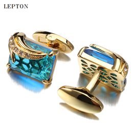 Cuff Links Low-key Luxury Blue Glass Cufflinks for Mens Lepton Brand High Quality Square Crystal Cufflinks Shirt Cuff Links Relojes Gemelos 230419