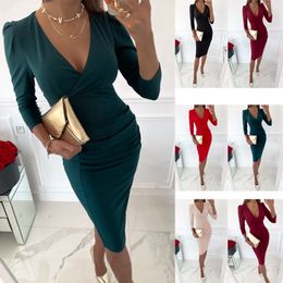 Independent Station Wish Amazon 2023 Autumn V-neck Sexy Temperament Commuter Waist Tight Solid Color Dress Women