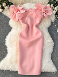 Basic Casual Dresses Sweet Style Women's Dress Three-dimensional Flower Solid Colour High Waist Hip Warp Dresses Winter Spring 2024 New