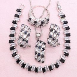 Necklace Earrings Set Delicate Silver Colour For Women Wedding Black Cubic Zirconia Bracelet Pendant Ring Christmas Gift