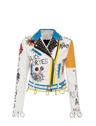 Women's Pu Leather Jackets Graffiti Floral Letter Cartoon Print Punk Motorcycle Biker Zip Rivet Waist Woman's Coats Contrast Colour Outerwear 8826