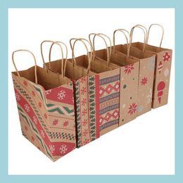 Gift Wrap Christmas Kraft Paper Printed Bags Handbag Xmas Presents Favours Toys Clothes Totes Shop Carrier Handle Bag Packaging Drop Dh1Ij