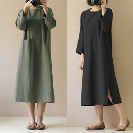 Casual Dresses ZANZEA Linen Midi Dress Womens Autumn Sudress Casual Long Sleeve Split Tunic Vestidos Female Front Pocket Robe 230419