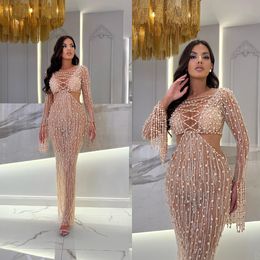 Royal Pearls Champagne Prom Dresses Mermaid Long Sleeves Party Dresses Beaded Sequined Custom Made Evening Dress