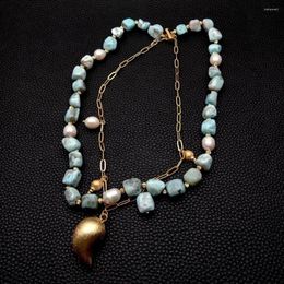 Choker Y.YING Natural Blue Larimar Cultured White Rice Pearl Layer Necklace Charm Jewerly