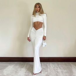 Two Piece Dress Zoctuo Dres's suit White 2 Pieces Long Sleeve High Neck Crop Top Ruched Midi Skirt Set Elegant Party Streetwear Vestidos 230419