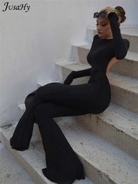 Women's Jumpsuits Rompers JuSaHy Summer Y2K Solid Black Basic Bodysuit for Women Fashion Long Sleeves Halter Backless Flare Pants Simple Casual Streetwear P230419