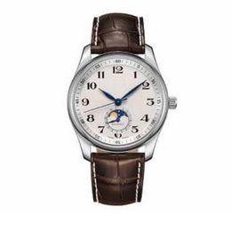 classic Man watch mechanical automatic watches for Men white dial brown leather strap 001