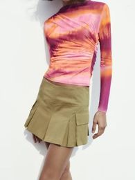 Women's Blouses 2023 Women Summer Shirts Tops Fashion Tie Dye Pleated Mesh Fabric Knitted Female Slim Elegant Clothing