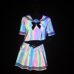 Two Piece Dress Colorful Reflective Sexy Shirt Women Pleated Skirt Set Kawaii Blouse Faldas School Uniform Sailor Suit 230419