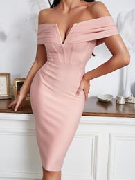 Casual Dresses Summer Elegant Off Shoulder Pink Midi Bandage For Women 2023 Sexy Slash Neck Ruched Bodycon Celebrity Club Party Dress